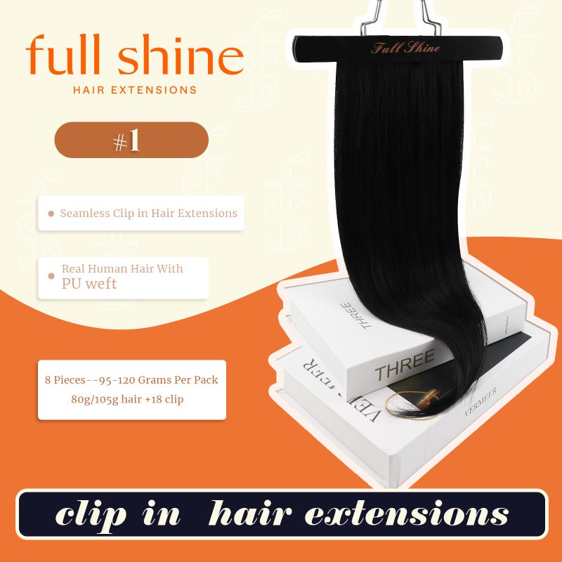Full Shine Black Human Hair Extensions Seamless Clip in Hair Extension 22 Inch Natural Human Hair Clip in Extensions Black Real Hair for Women Thick End 8 PCS 120 G - Image 2